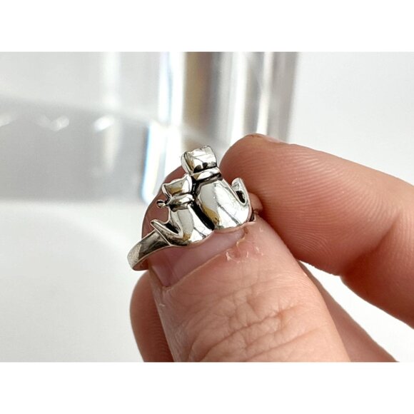 Twin Kitty Cat Polished Sterling Silver Vintage Minimalist 925 Band Ring - sz 6 - Picture 10 of 14